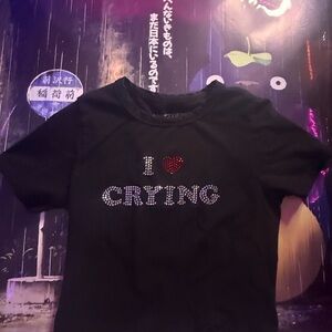 Hot Topic Black cropped Tee with Heart and Text Design in rhinestone
